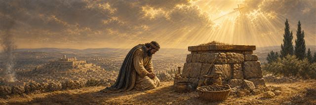 David kneeling beside a stone altar on Araunah’s threshing floor above Jerusalem